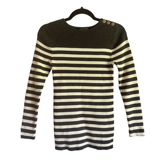 Lauren by Ralph Lauren Rib Knit Lightweight Gray & Cream Striped Sweater Size S - Picture 1 of 5